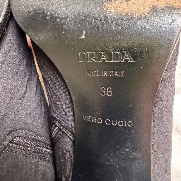 Prada Womens Boots Black Nylon Leather Ankle Block Heel Booties Covered Heel 38 - Picture 11 of 11